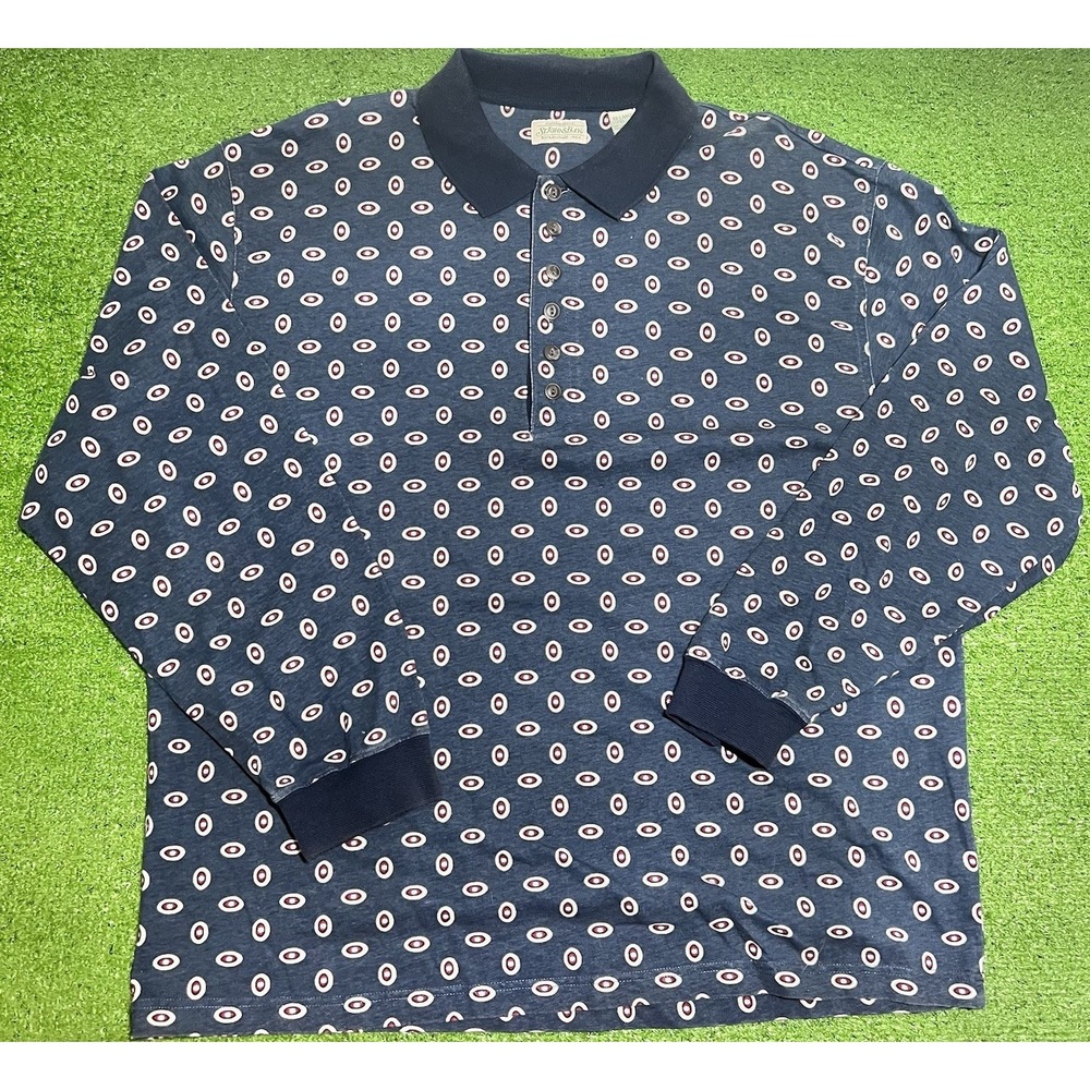 Vintage St Johns Bay Rugby Shirt 2XL Cotton Long Sleeve‎ Polo AOP Blue Geometric